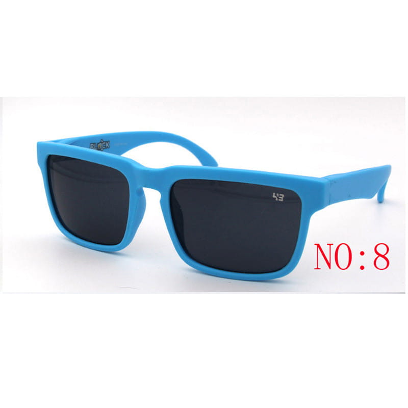 Unisex uv400 gradient mirror sport cycling sunglasses with bright blue plastic frames and dark gray lenses marked 43 on the right lens.