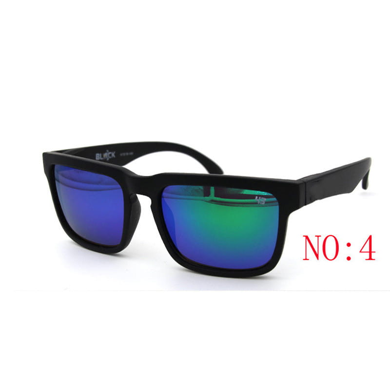 Black-framed unisex UV400 sport cycling sunglasses with reflective blue and green gradient mirror lenses.
