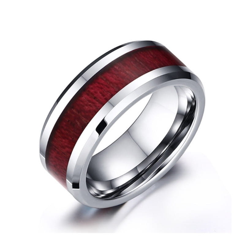 A sleek silver-toned tungsten couple wedding ring set featuring a vibrant red wood and zircon inlay with a polished metallic finish.