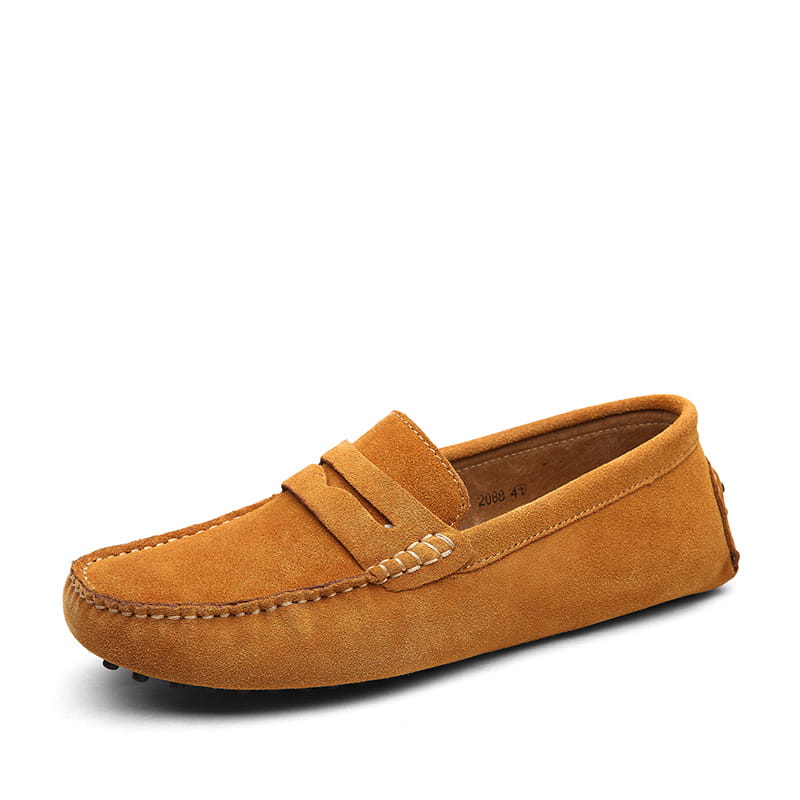 Tan suede moccasin loafer with a classic penny strap design for men’s casual wear.