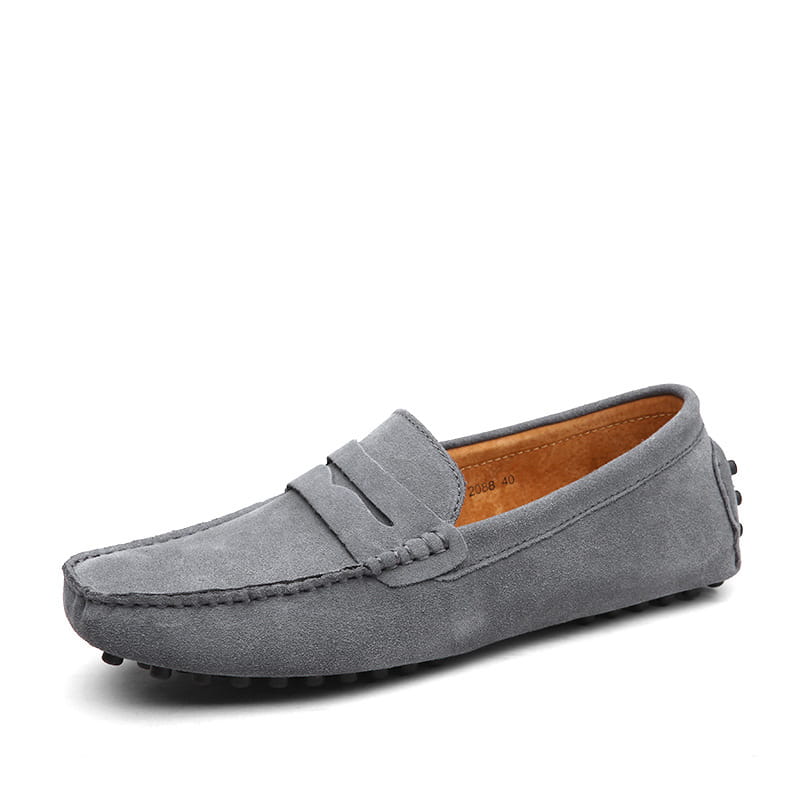 Gray suede leather loafers for men featuring a classic moccasin design with tan leather lining ideal for casual wear.