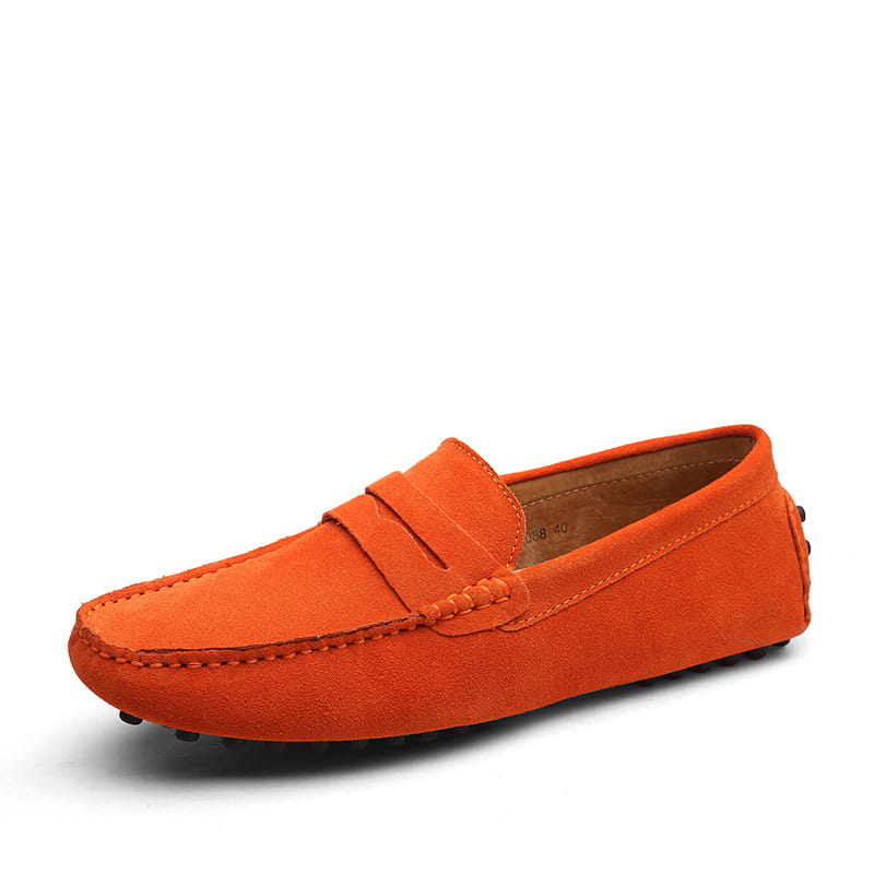 Bright orange suede leather loafers men’s casual moccasin shoes featuring a classic moccasin design and black rubber sole.