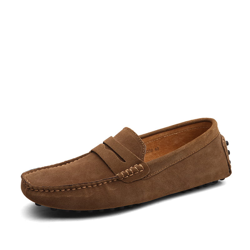 Brown suede leather loafers men’s casual moccasin shoes with classic moccasin design and stitched detailing.