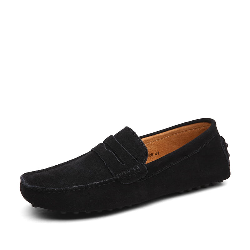 black suede loafers for men with a classic moccasin design and tan leather lining for casual wear