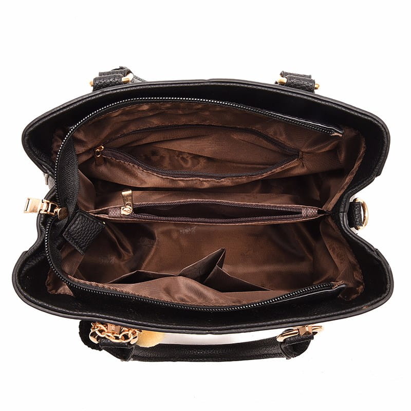 Luxury women handbags woven pu leather crossbody bag featuring a black quilted design with gold-tone hardware and a brown satin-lined interior.