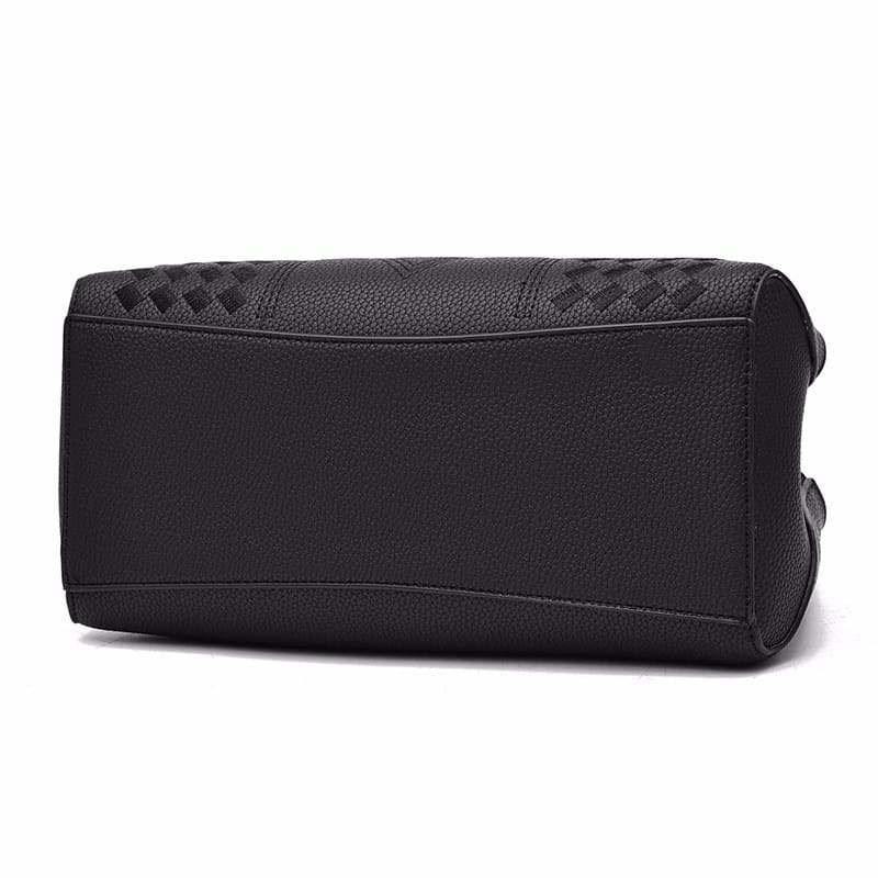 Black leather handbag with a textured pebbled finish and subtle woven pattern on the top flap from the luxury women handbags woven pu leather crossbody bag collection.