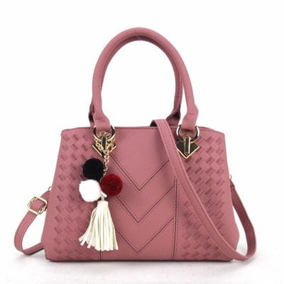 Luxury women handbags woven pu leather crossbody bag in pink featuring gold-tone hardware and a decorative tassel charm.