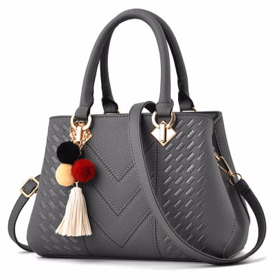 Luxury women handbags woven pu leather gray textured crossbody bag with gold-tone hardware and decorative pom-pom tassel charm