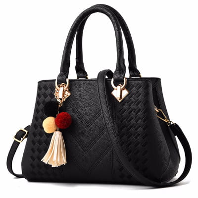 Luxury women handbags woven PU leather crossbody bag featuring a black textured design with gold-tone hardware and colorful pom-pom tassels.