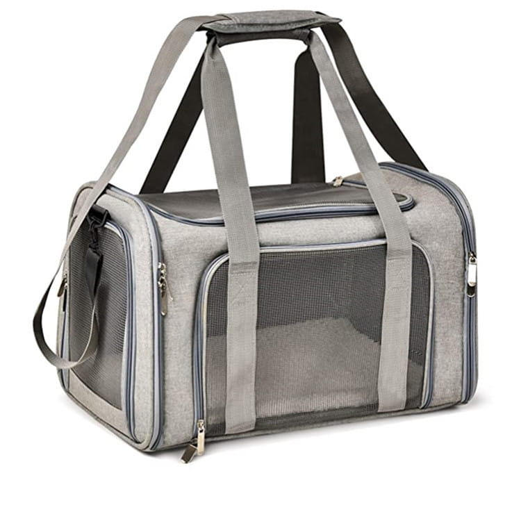 Sac de transport portable pour animaux de compagnie en maille grise avec doublure en polaire, poignées robustes et fermetures à glissière pour un transport sécurisé.