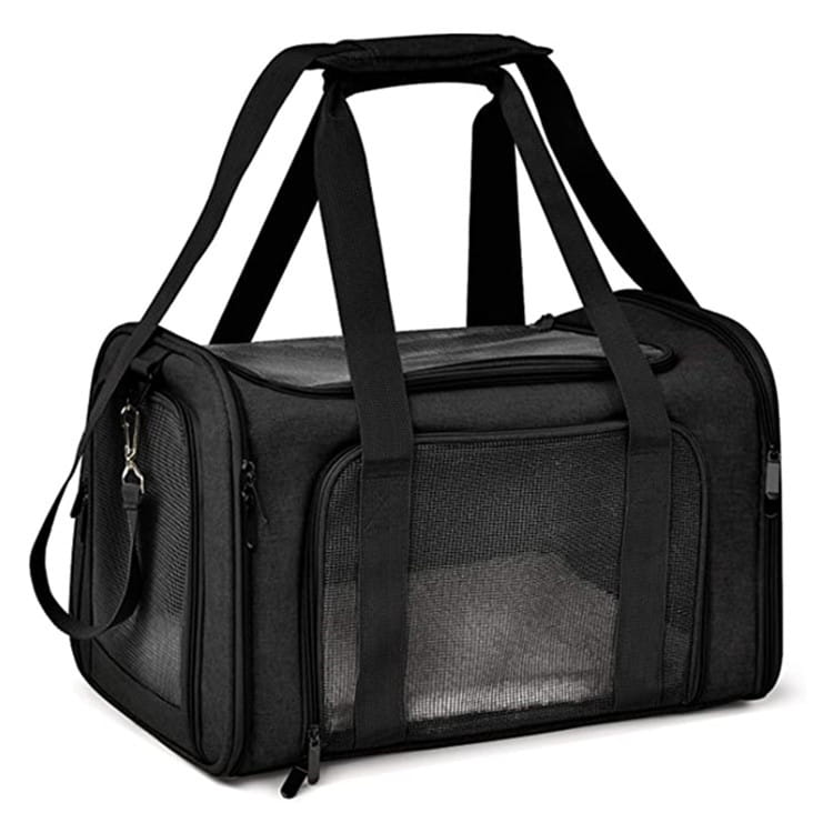 Sac de transport portable pour animaux de compagnie en maille noire, avec doublure en polaire, côtés en maille et poignées robustes pour un transport facile.
