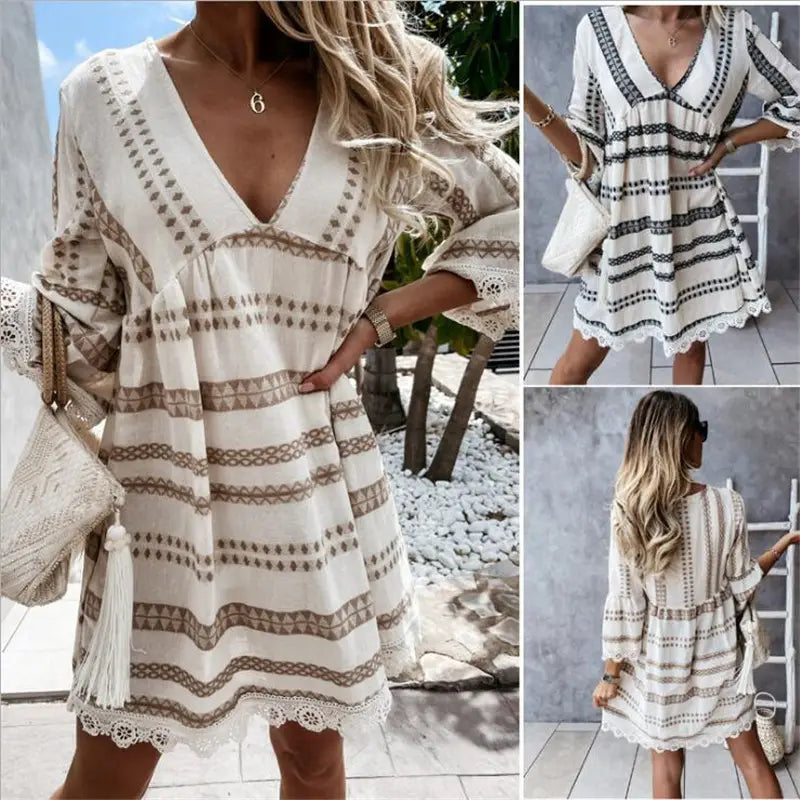 A flowing off-white and beige striped bohemian mini dress with intricate geometric embroidery lace trim at the neckline and hemline and three-quarter length sleeves.