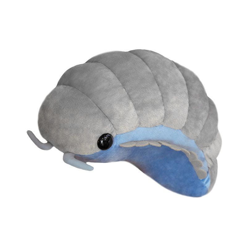 Blue isopod plush sea slug stuffed animal doll with segmented gray body black eye and blue interior resembling a pill bug