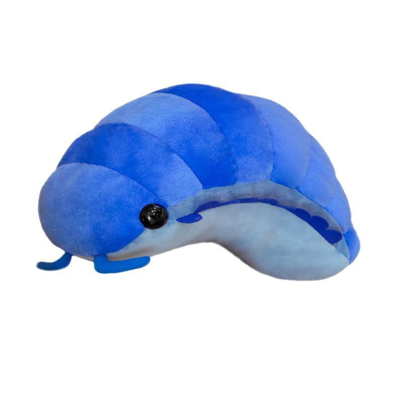 A plush blue isopod sea slug stuffed animal doll with a segmented body, black bead eye, and light blue underbelly.