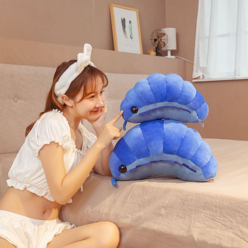blue isopod plush sea slug stuffed animal doll featuring a textured clam-shaped shell design with black bead eyes made of soft fabric