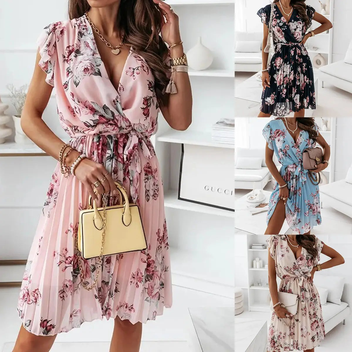 Pink floral wrap dress with ruffled short sleeves and pleated skirt designed for elegant casual wear