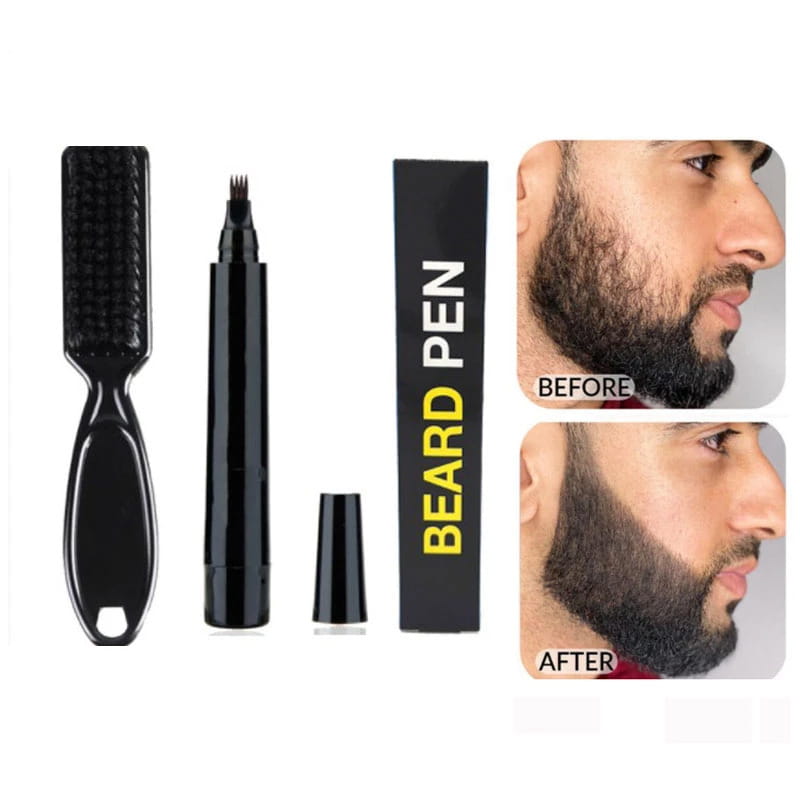 Schwarzer Kunststoff-Bartstift mit feiner Pinselspitze und passendem Kamm in einer eleganten schwarzen Box, beschriftet mit „Beard Pen“, aus dem Bartstift-und-Bürste-Pflegeset für Männer in Schwarz