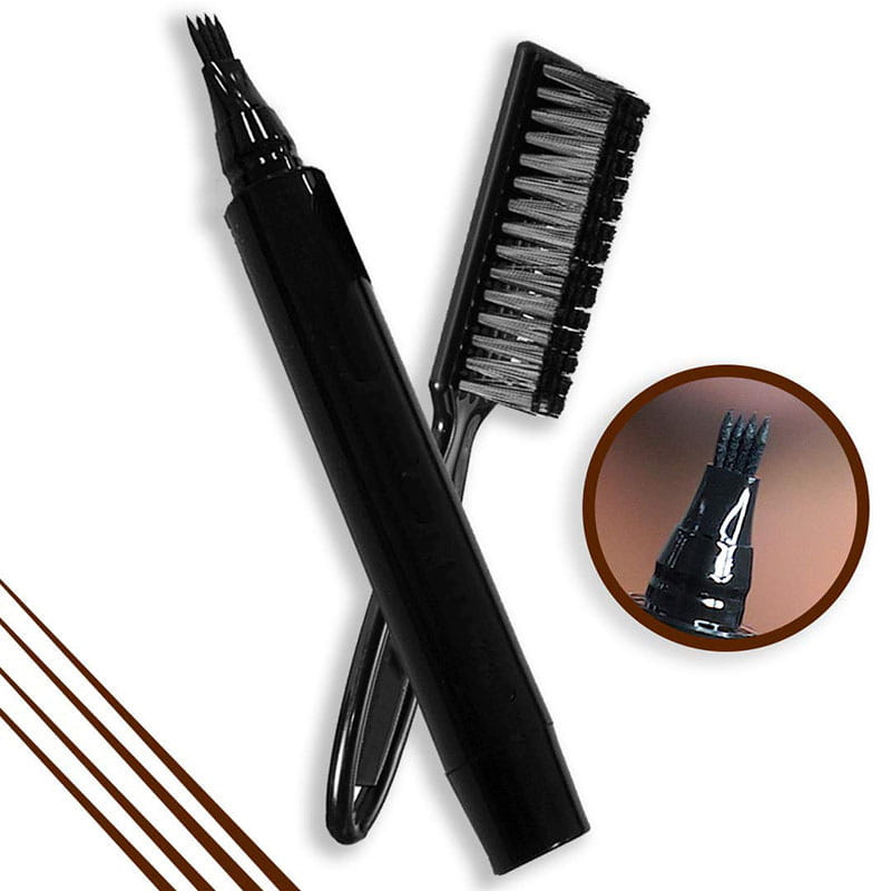 Pflege-Set für Männer mit schwarzem Bart, bestehend aus Bartstift und Bürste: ein Augenbrauenstift mit feiner, abgewinkelter Pinselspitze sowie eine dazu passende schwarze Borstenbürste für eine präzise Anwendung.