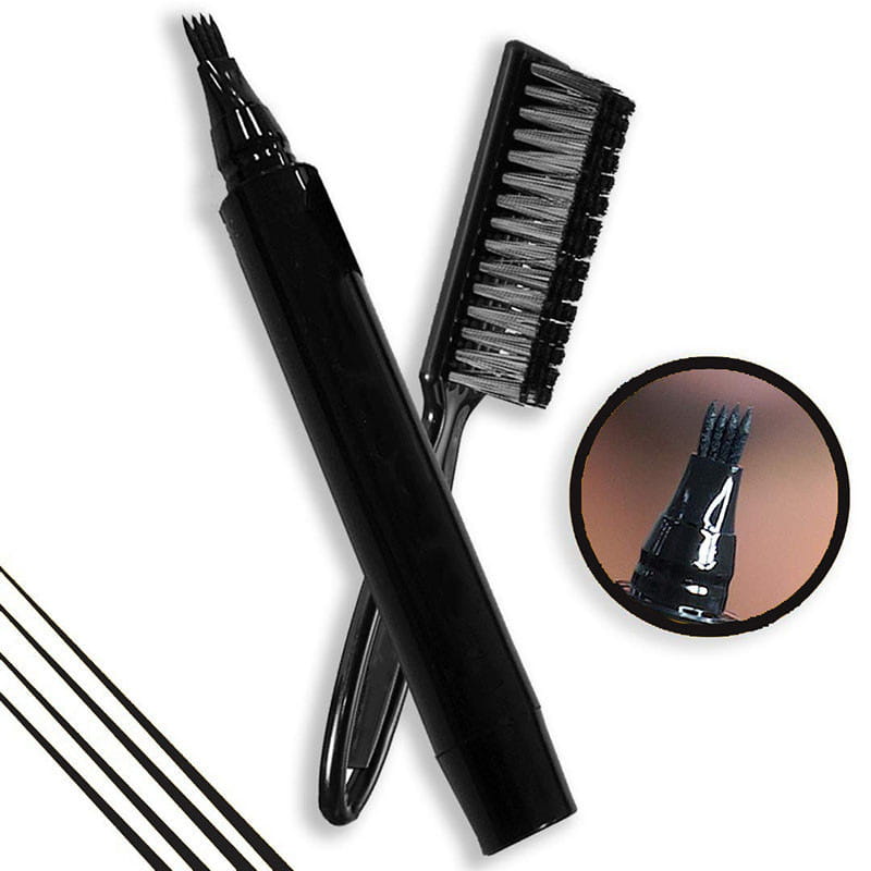 Schwarzes Bartstift-und-Bürste-Pflegeset für Männer: mit einer feinen, abgewinkelten schwarzen Augenbrauenstiftspitze und passender schwarzer Borstenbürste für eine präzise Anwendung.