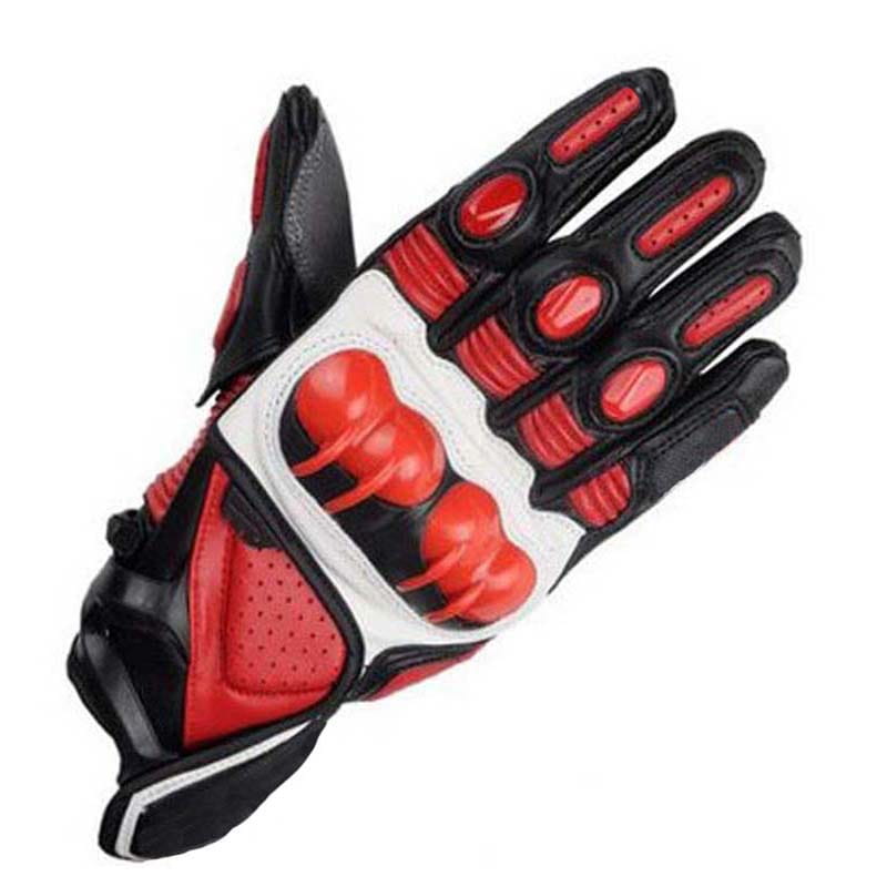 Leather motorcycle racing gloves ventilated padding in red, black, and white with reinforced knuckle and finger padding shown from the back side.