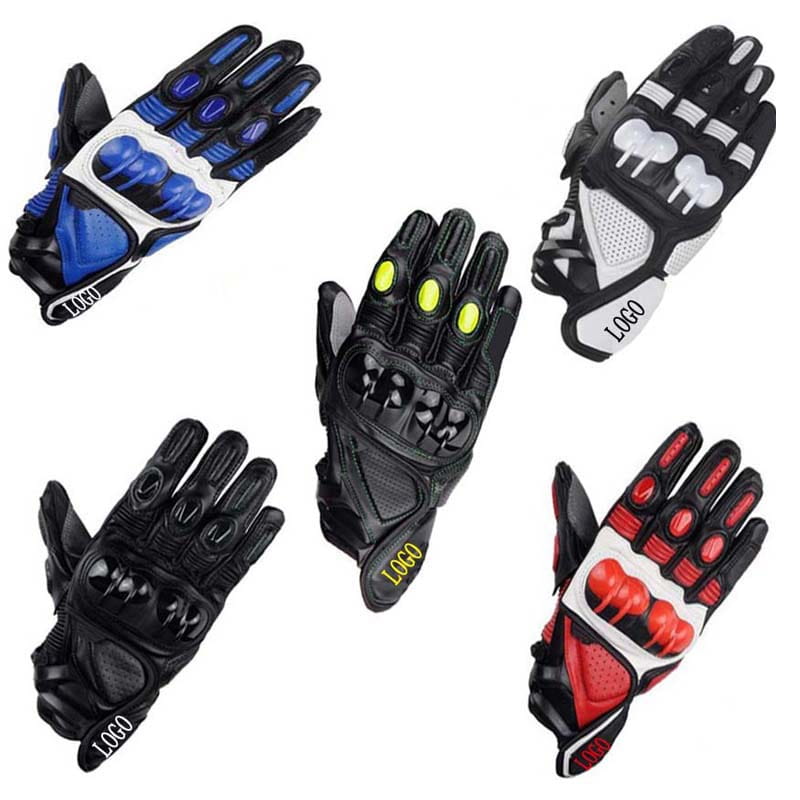 Leather motorcycle racing gloves with ventilated padding in black, blue, red, and yellow featuring reinforced padding and textured grip areas.