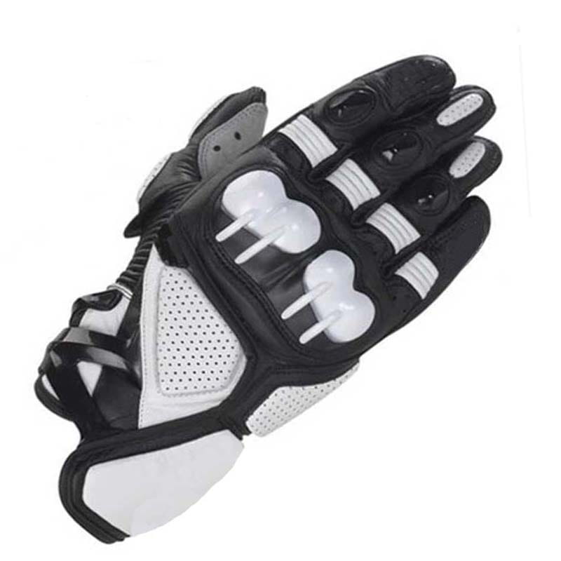 Black and white leather motorcycle racing gloves with ventilated perforated leather, reinforced knuckle padding, and adjustable straps shown from the back side.