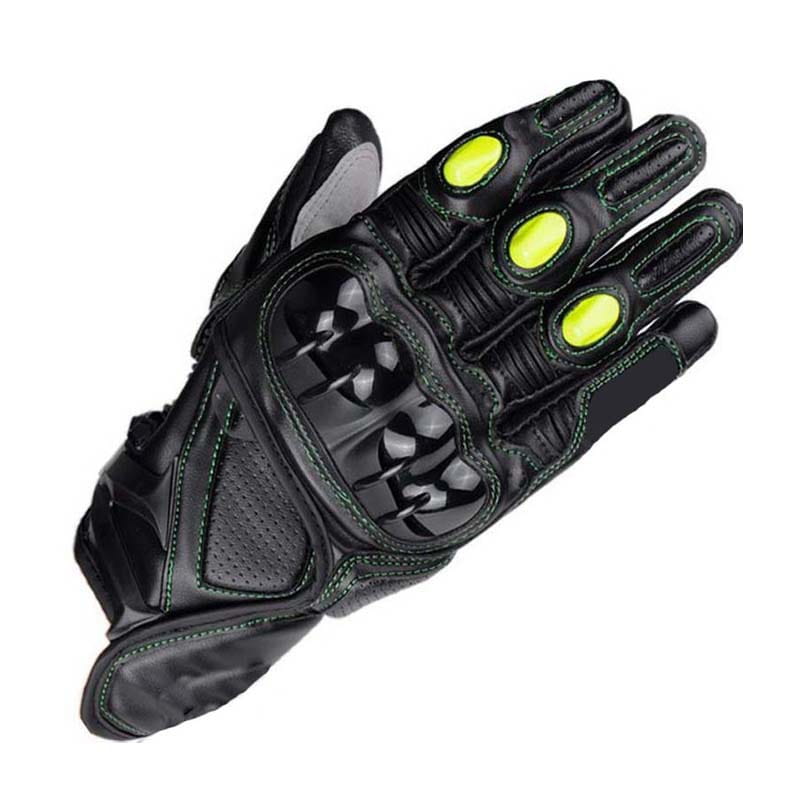 Black leather motorcycle racing glove with ventilated padding shown from the back side featuring neon yellow oval accents on the fingers and reinforced knuckle design.