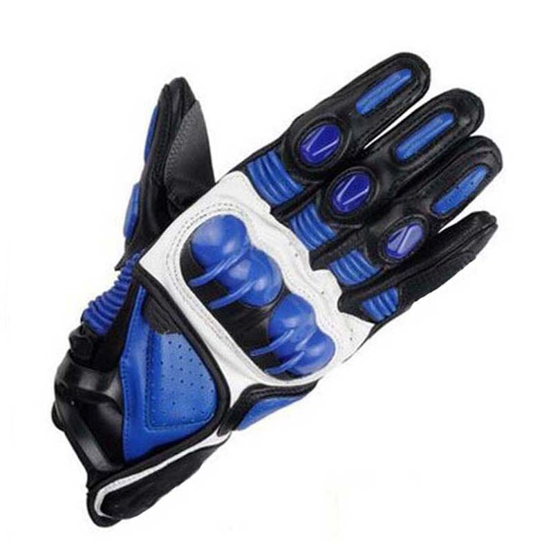 Back side of blue and black leather motorcycle racing gloves with white accents featuring ventilated padding, padded knuckles, and reinforced finger sections.