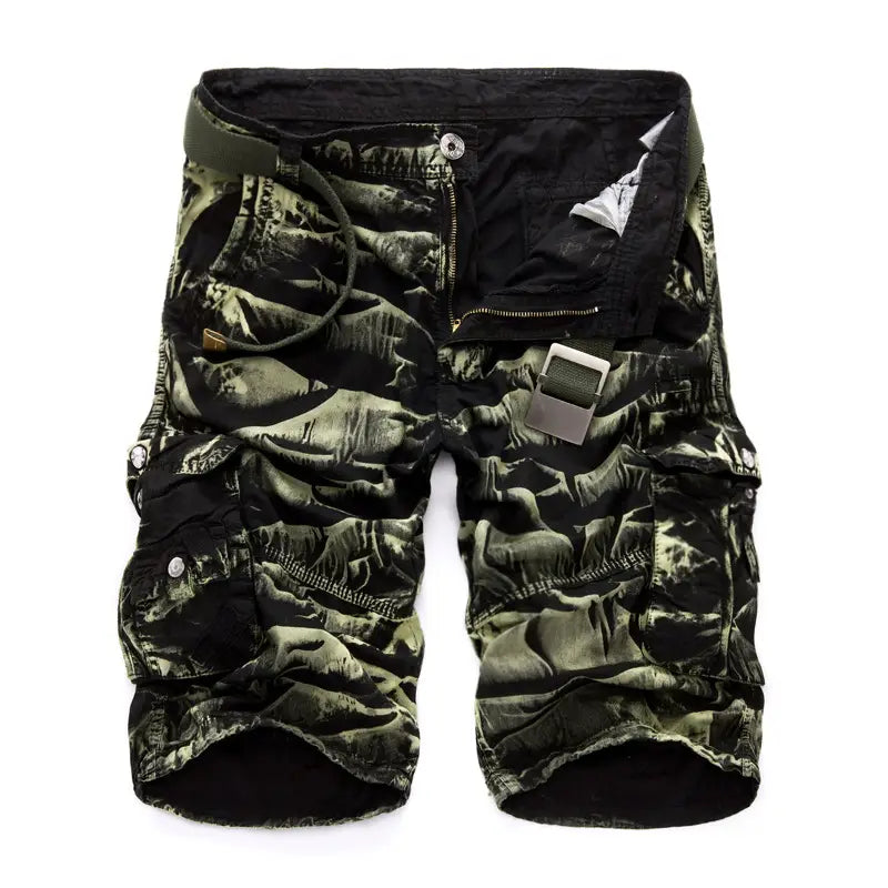 Men’s camouflage cargo shorts in olive and black pattern with multiple pockets and a matching belt for practical outdoor use.