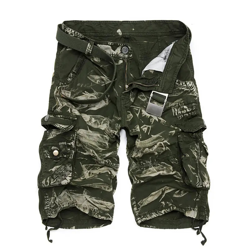 olive green camouflage cargo shorts for men featuring multiple pockets and a belt looped through the waistband designed for practicality and style.