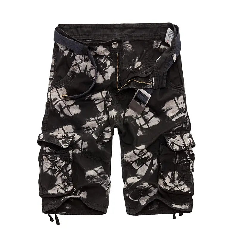 black and white tie-dye patterned camouflage cargo shorts for men featuring multiple pockets and a belted waist for practical use.