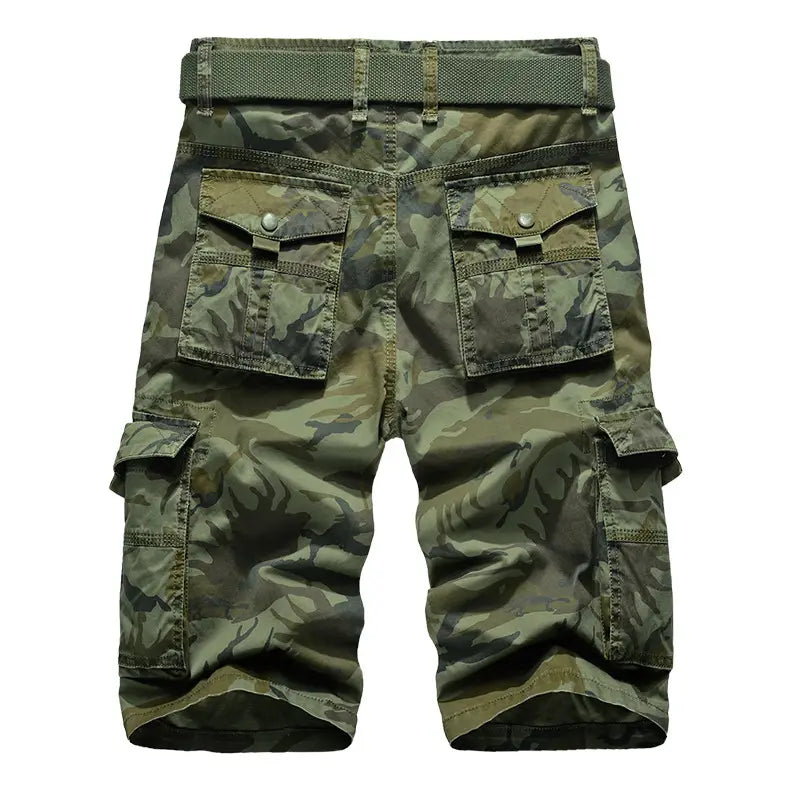 Olive green camouflage cargo shorts for men featuring multiple pockets and a matching belted design for practical outdoor use.