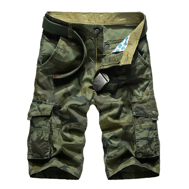green camouflage cargo shorts for men featuring multiple pockets and a matching belted waist ideal for outdoor and casual wear