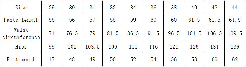 Size chart for camouflage cargo shorts multi pocket belted men showing pants measurements in inches across sizes 29 to 44.