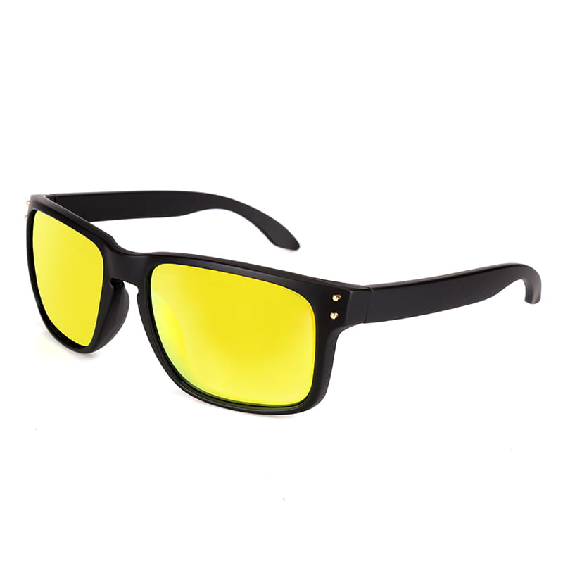 Modern uv400 polarized sport sunglasses with black frames and vibrant yellow mirrored lenses designed for outdoor activities.
