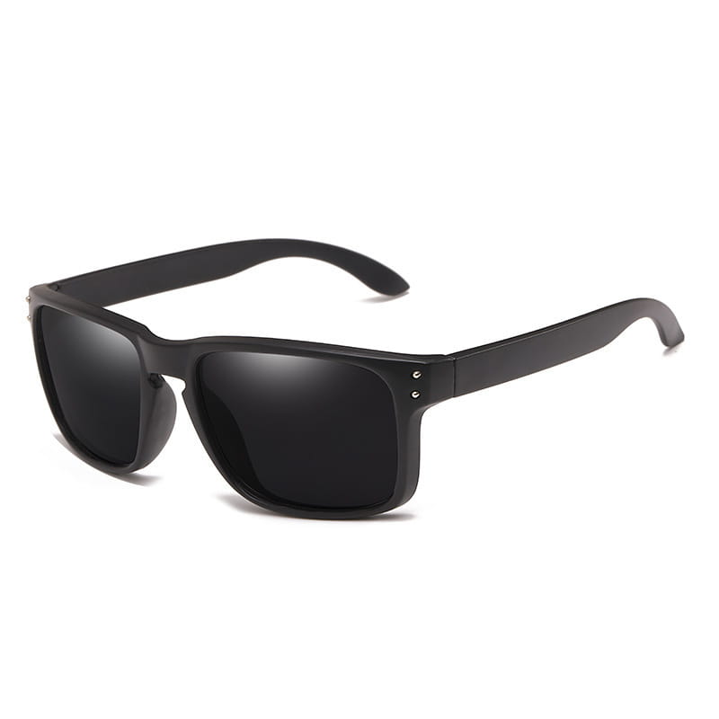 Black rectangular modern UV400 polarized sport sunglasses with a matte finish frame and dark tinted mirrored lenses.