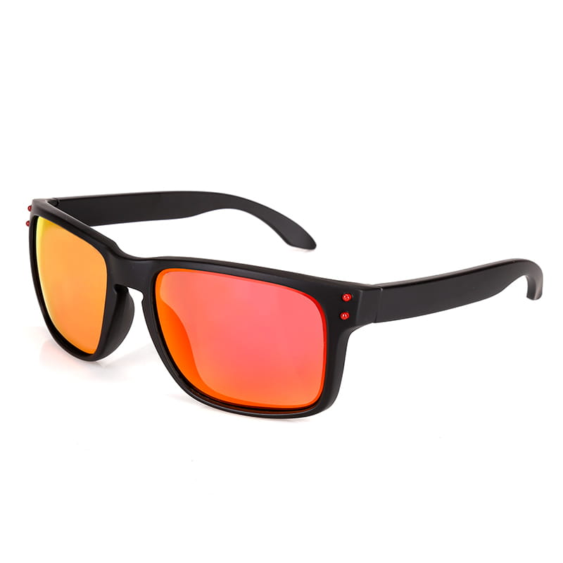 Black-framed modern UV400 polarized sport sunglasses with vibrant orange-red mirrored lenses designed for outdoor activities.