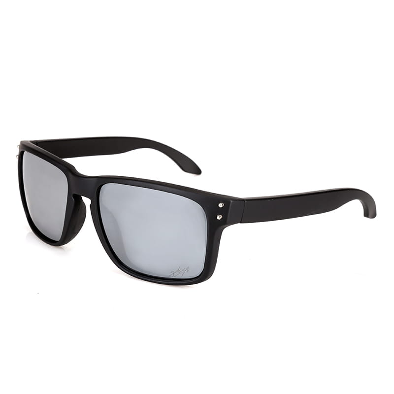 Black rectangular modern UV400 polarized sport sunglasses with silver mirrored lenses and small metallic rivets on the temples.
