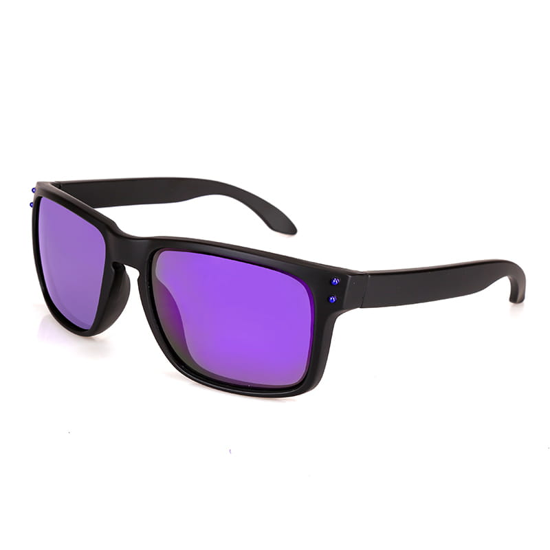 Modern UV400 polarized sport sunglasses featuring black frames with vibrant purple mirrored lenses and small blue accent beads on the temples.