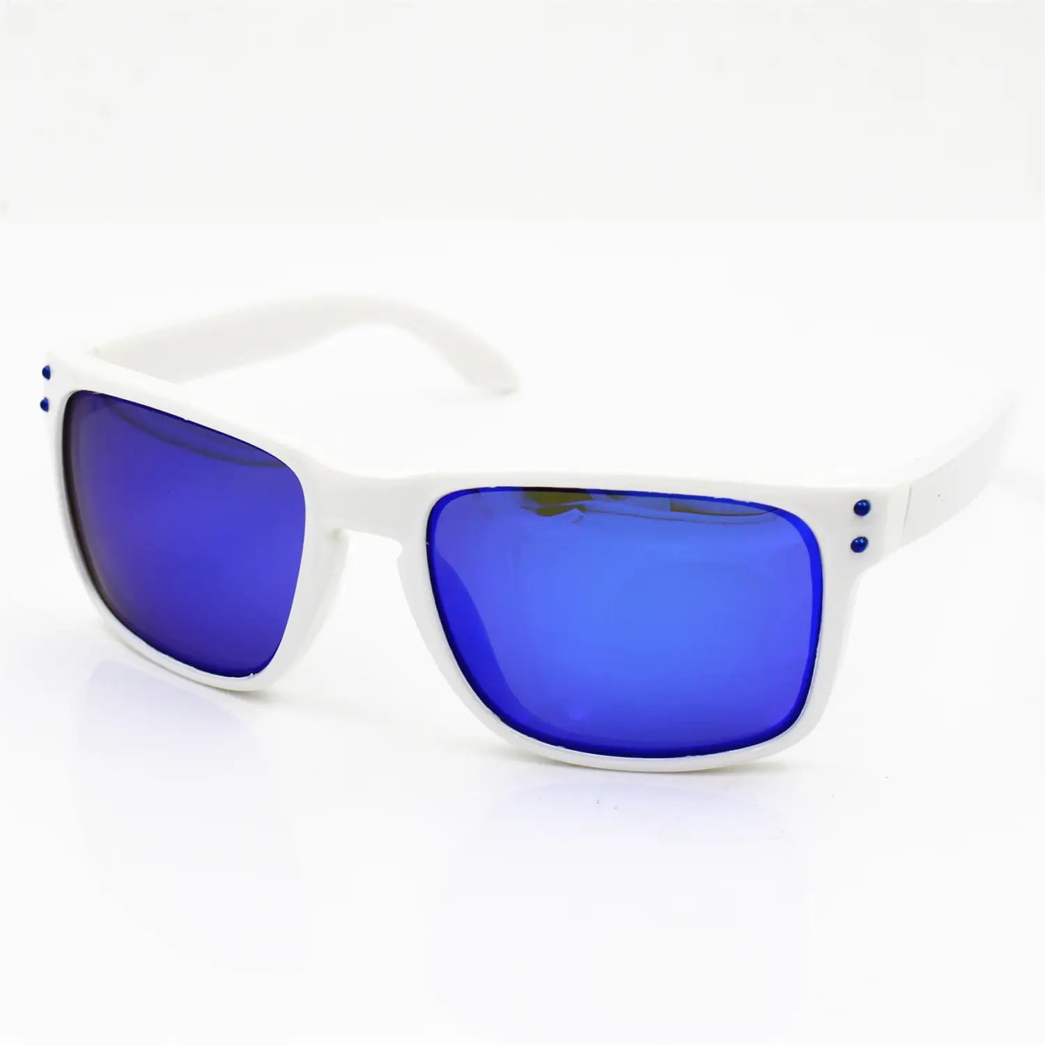 Modern UV400 polarized sport sunglasses with white frames, vibrant blue mirrored lenses, and small blue accent dots on the temples.