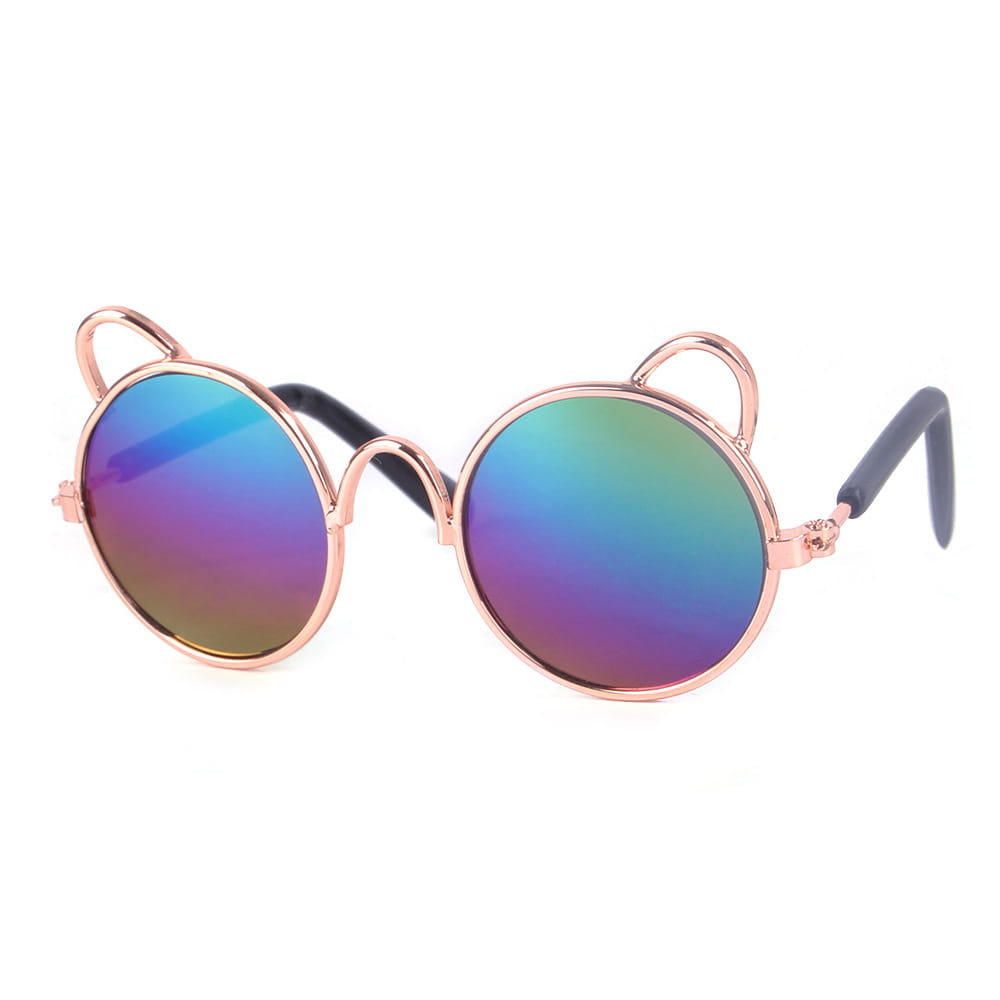 Rose gold cat ear pet sunglasses featuring iridescent blue and purple gradient lenses.