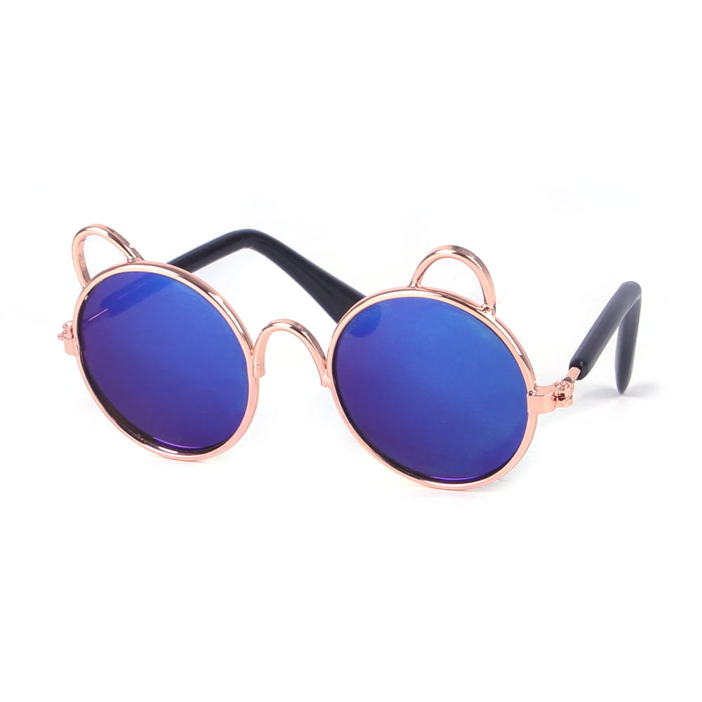 Rose gold cat ear pet sunglasses with blue mirrored lenses and black temple arms designed for stylish pets.
