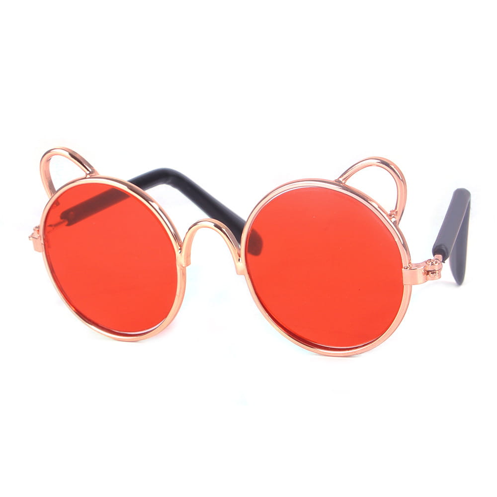 rose gold cat ear pet sunglasses featuring vibrant red lenses and black temple arms in a stylish metal frame.