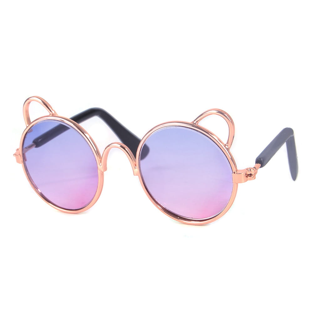 Rose gold cat ear pet sunglasses featuring round frames with gradient purple to pink lenses.