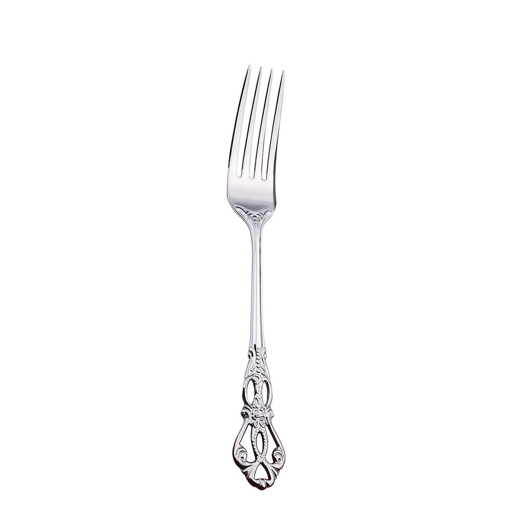 Fourchette argentée avec un manche à volutes ornementé et quatre dents, provenant de l’ensemble de couverts en acier inoxydable de la Cour Royale, avec boîte.