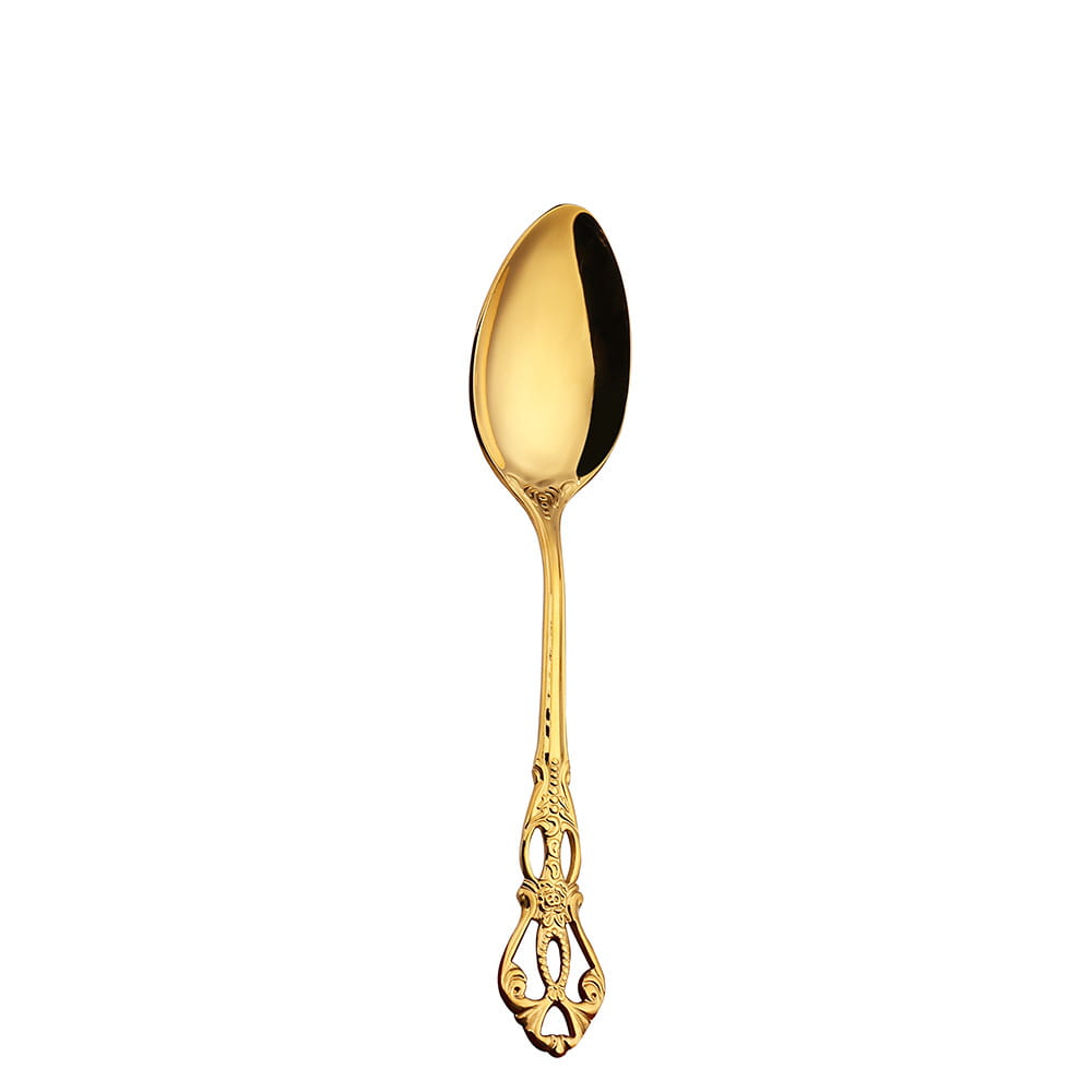 Une cuillère de la Cour Royale en acier inoxydable doré, ornementée, avec un manche ajouré à motifs filigranés et un bol réfléchissant, provenant de l’ensemble, avec boîte.