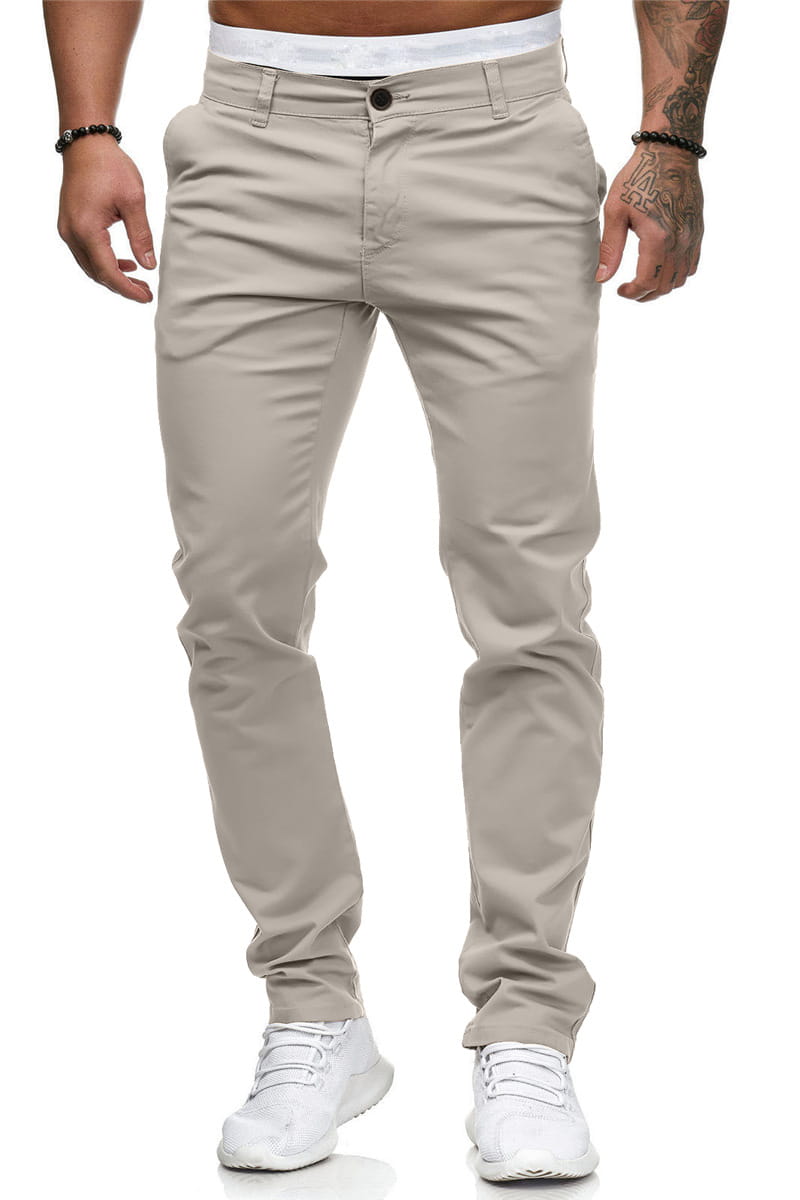 Men’s casual slim fit chino pants in beige with a button closure and tailored fit.