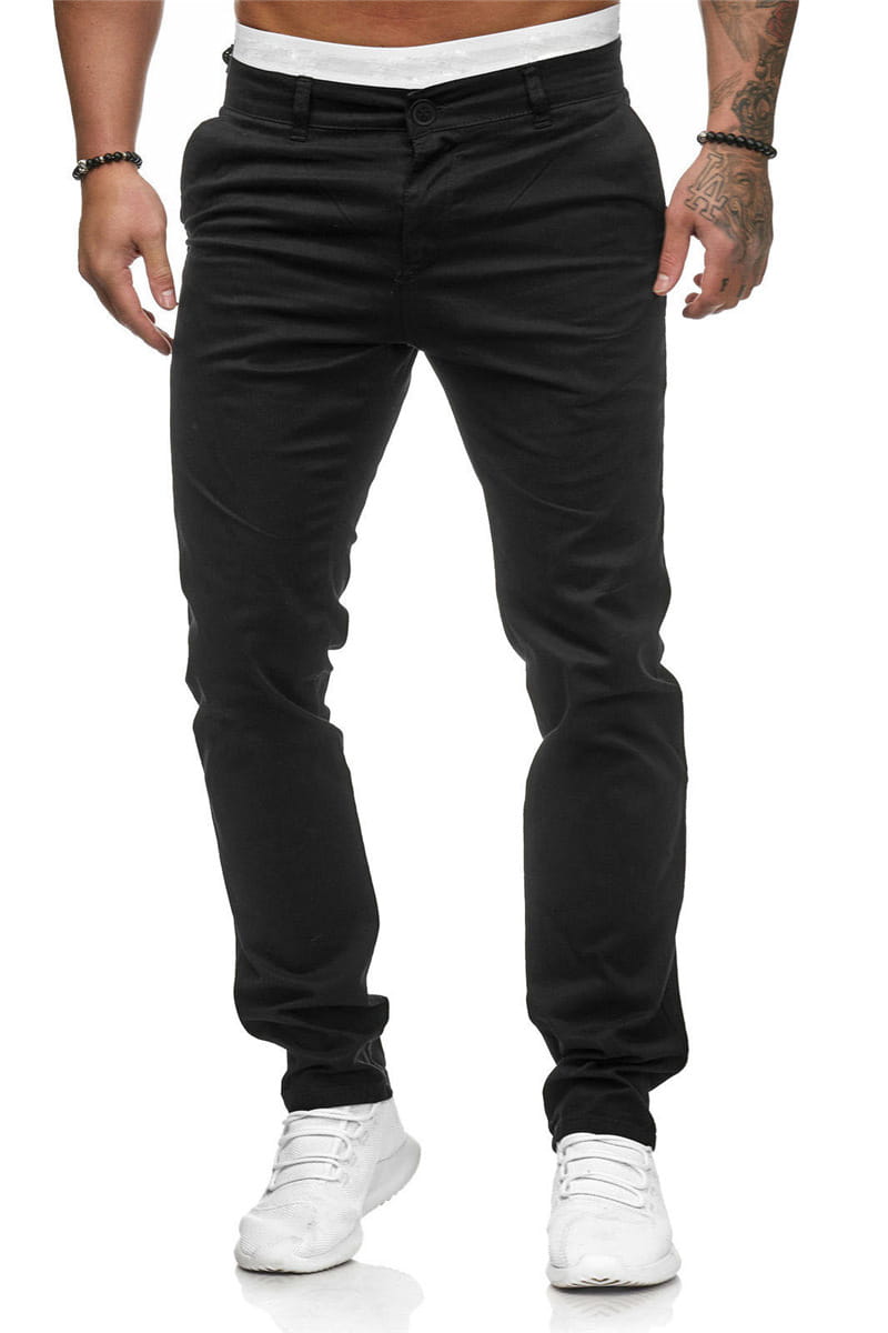 Men’s casual slim fit chinos in black with a slim fit cut, straight leg design, and belt loops.
