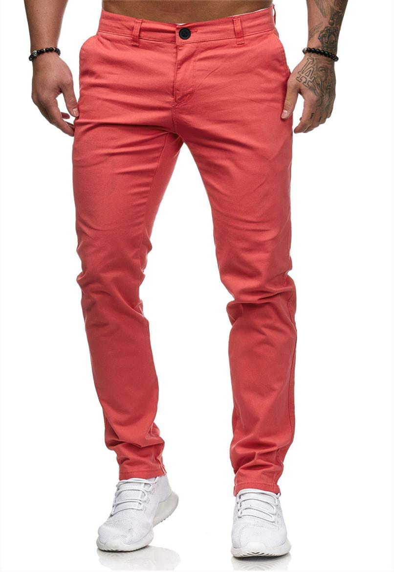 Men’s casual slim fit chinos in coral color featuring a slim design with black button and belt loops.