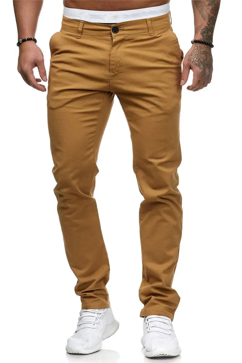 men’s casual slim fit chinos in tan with a slim fit design and classic button closure suitable for casual wear